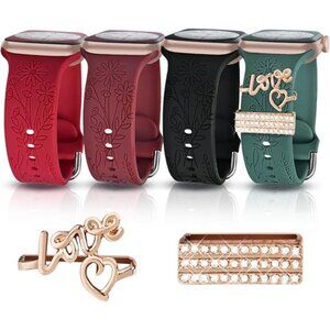 NEW Set of 4 Floral Engraved Bands with Charms